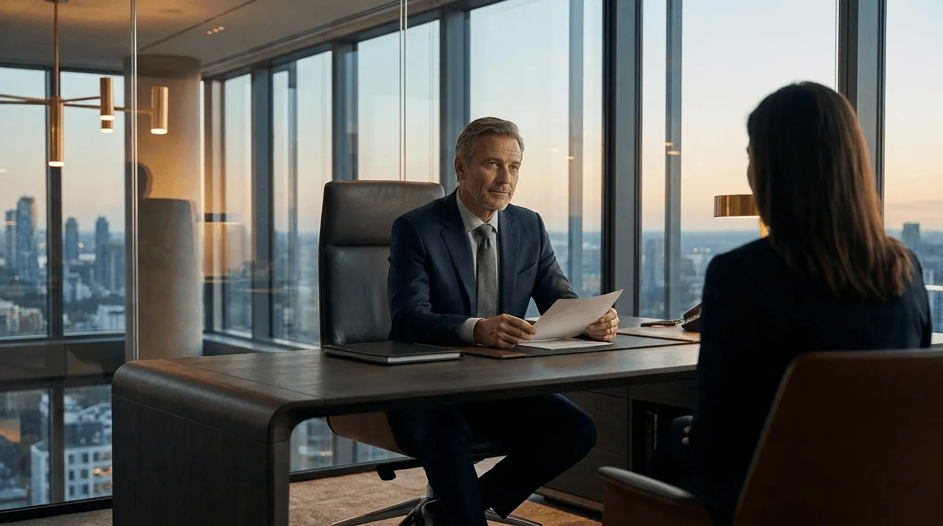 A financial advisor meeting with a client in a high-rise office at dusk, city skyline visible through floor-to-ceiling windows