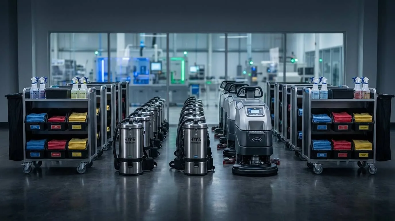 A fully stocked commercial cleaning fleet, carts, HEPA vacuums, and an auto-scrubber lined up in a spotless industrial facility