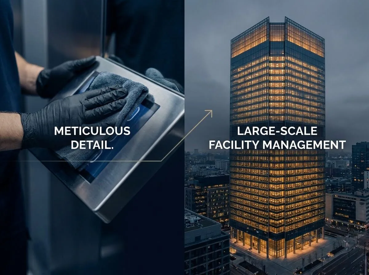 Diptych: gloved hands wiping down a stainless steel keypad labeled Meticulous Detail, connected by an arrow to a glowing high-rise office tower at dusk labeled Large-Scale Facility Management