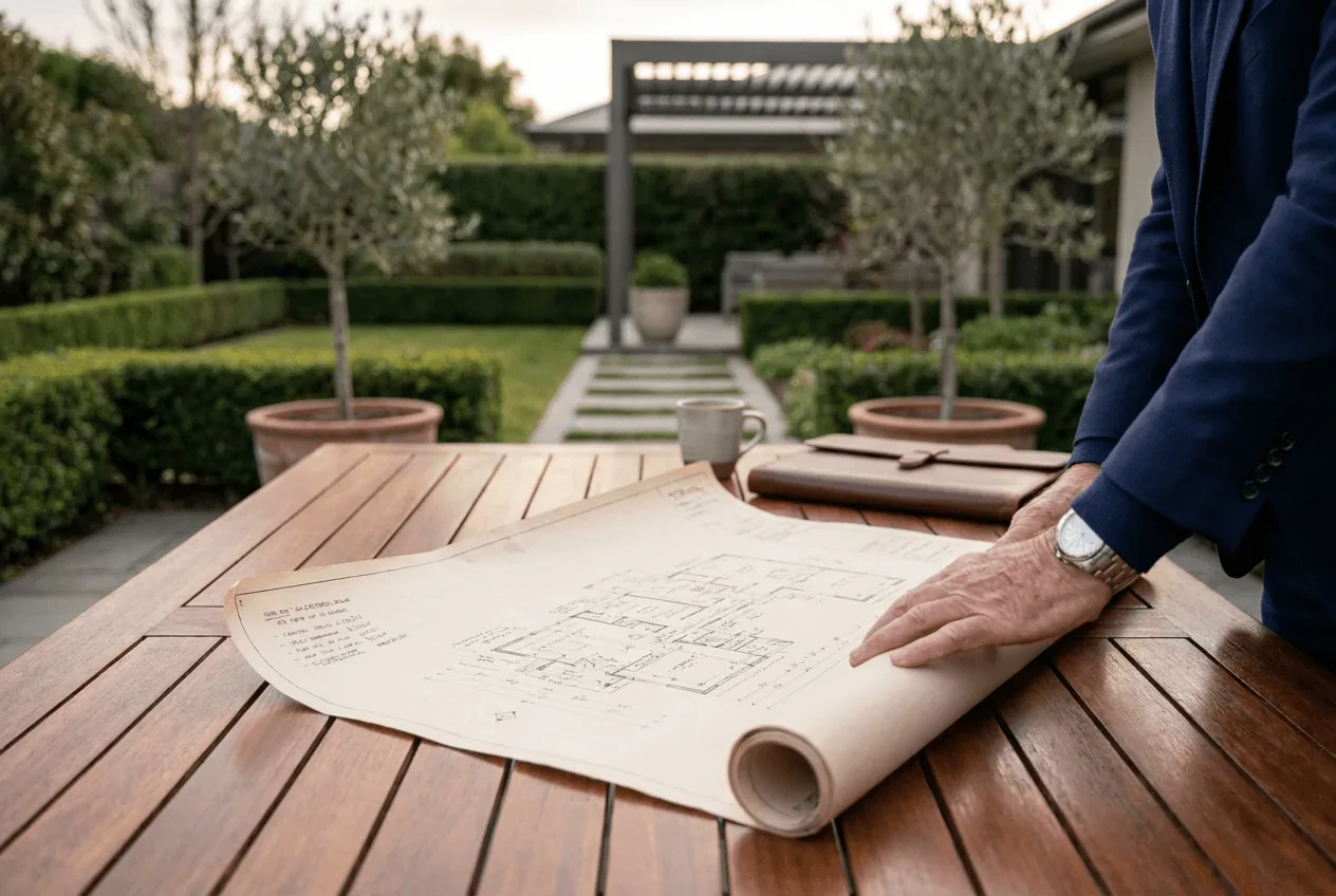 A landscape designer unrolling a hand-drawn blueprint on an outdoor teak table in a manicured formal garden, with a coffee mug and leather portfolio beside it
