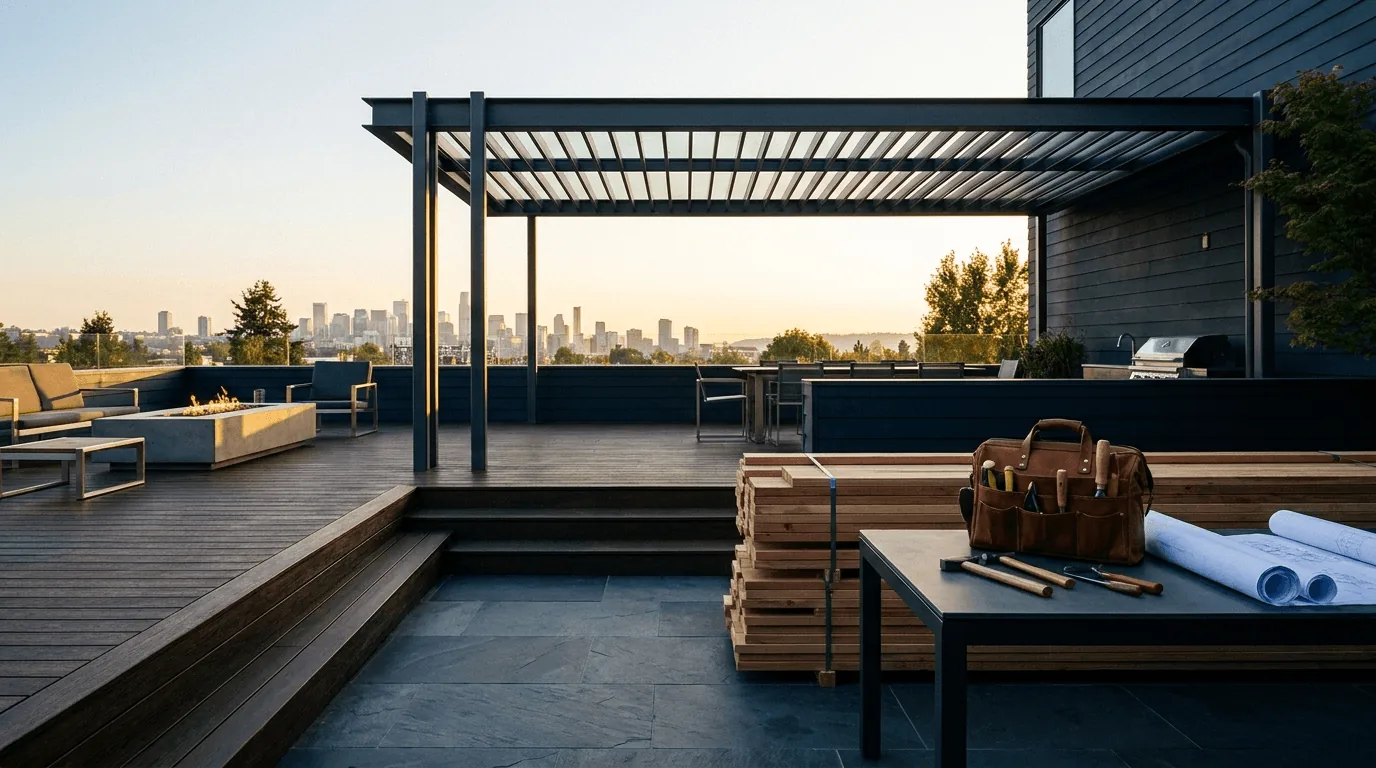 A modern rooftop deck build in progress at dusk, with a city skyline in the background and a contractor's tool bag and blueprints on a workbench